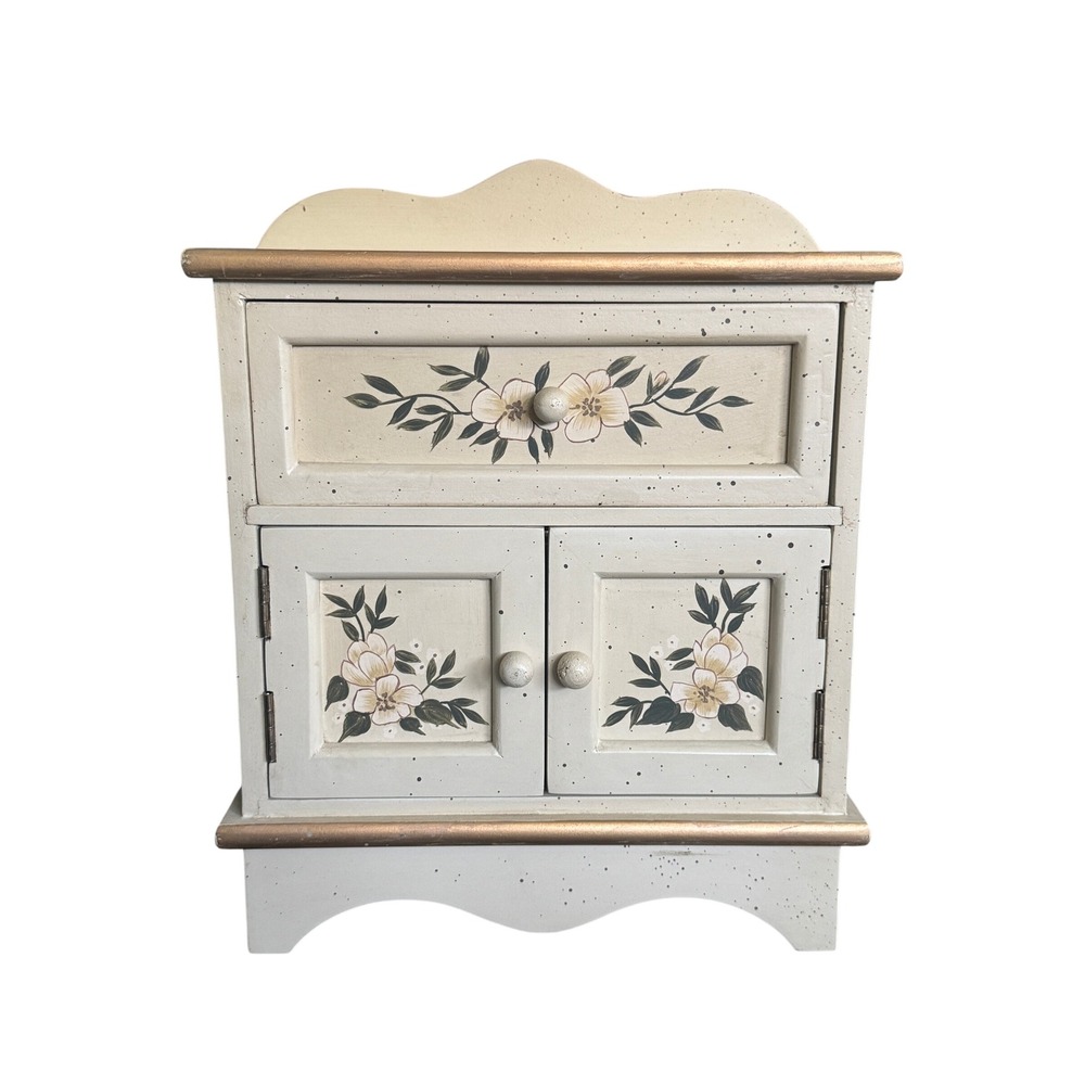 Vintage Floral Wooden Jewelry Box Armoire Cream Hand Painted